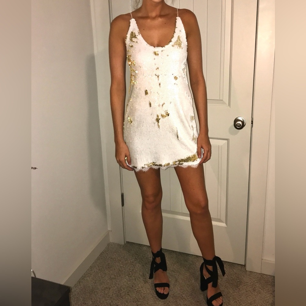 FREE PEOPLE Seeing Double Ivory/Gold Sequin Slip Mini Dress
